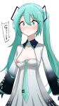  1girl blush breast_slip breasts donkichikin downblouse dress hatsune_miku highres necktie nipple_slip nipples no_bra ponytail simple_background solo surprised twintails underwear vocaloid white_background 