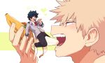  2boys adam&#039;s_apple alarmed bakugou_katsuki banana bangs barefoot blonde_hair boku_no_hero_academia close-up food freckles fruit full_body green_hair hand_up heart highres holding holding_food implied_yaoi looking_at_another looking_down male_focus midoriya_izuku multiple_boys multiple_scars naughty_face necktie open_mouth profile red_eyes red_necktie riding scar_on_hand scared school_uniform short_hair size_difference spiked_hair teeth tongue twitter_username two-tone_background u.a._school_uniform white_background yazakc yellow_background 