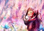  1girl animal_ear_fluff animal_ears bangs black_hair black_shirt blue_butterfly blurry blush bug butterfly cat flower hololive long_hair mihaeru multicolored_hair ookami_mio open_mouth ponytail red_hair shirt smile streaked_hair taiga_(ookami_mio) tail virtual_youtuber wisteria wolf_ears wolf_girl wolf_tail yellow_eyes 