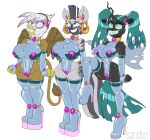  absurd_res amber_eyes anthro anthrofied armwear arthropod avian big_breasts blue_eyes breasts changeling clothing cross-eyed duo ear_piercing elbow_gloves equid equine female fingerless_gloves footwear forced_smile friendship_is_magic gilda_(mlp) gloves grin gryphon handwear hasbro headphones hi_res high_heels huge_breasts hypnosis kandlin mammal mind_control my_little_pony mythological_avian mythology one-piece_swimsuit piercing queen_chrysalis_(mlp) rubber shoes simple_background slavekini smile swimwear wings zebra zecora_(mlp) 