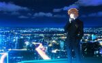  1boy blonde_hair city_lights cityscape formal highres holding holding_phone hunter_x_hunter looking_down luclu03 male_focus night night_sky outdoors pariston_hill phone sky smile solo suit talking_on_phone 
