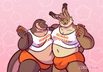  5_fingers anthro bedroom_eyes belly big_belly big_bulge bottomwear brown_body brown_fur bulge clothing duo fingers fur hi_res himbo_hooters holding_notebook hooters hooters_uniform hotpants komodo_dragon lagomorph leporid lizard male mammal mocha_latte_love monitor_lizard moobs musclegut muscular muscular_anthro muscular_male narrowed_eyes navel nipple_outline nipples notebook obese obese_anthro obese_male overweight overweight_anthro overweight_male pecs pentagon_(shape) rabbit ratasstouille reptile scalie seductive shirt shorts tank_top text text_on_clothing text_on_shirt text_on_topwear topwear white_clothing white_shirt white_tank_top white_topwear 