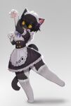  accessory anthro black_body black_fur black_hair bow_tie claw_pose clothing countershading domestic_cat felid feline felis female footprint fur hair hair_accessory hair_bow hair_ribbon hi_res korean_text legwear maid_headdress maid_uniform mammal on_one_leg open_mouth pawpads pawprint paws ribbons soda_uyu solo standing text thigh_highs translation_request tuxedo_cat uniform white_body white_clothing white_fur white_legwear white_thigh_highs yellow_eyes 