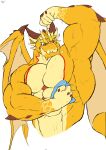  abs absurd_res anthro biceps bodily_fluids dragon flexing hi_res horn lifewonders male muscular ophion pecs raised_arm red_eyes scales shirtless sweat tokyo_afterschool_summoners toranoyouhei towel tusks video_games wings yellow_body yellow_scales 