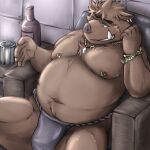  2014 anthro asian_clothing belly big_belly brown_body brown_fur clothing detailed_background east_asian_clothing fundoshi fur humanoid_hands japanese_clothing kemono male mammal moobs nipples overweight overweight_male sitting solo suid suina sus_(pig) underwear wild_boar zen_(kemono_artist) 