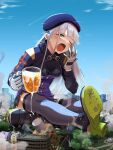  1girl alcohol bangs beer beret bird blue_sky blush building city cup day destruction drunk eudetenis fountain full_body giant giantess girls&#039;_frontline gloves green_eyes hat highres hk416_(girls&#039;_frontline) long_hair mug one_eye_closed outdoors shoes silver_hair sitting skirt sky smoke solo thighhighs yawning 