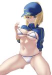  1girl absurdres ahoge artoria_pendragon_(fate) ass_visible_through_thighs baseball_cap bikini blonde_hair blue_eyes breasts cleavage closed_mouth cropped_jacket fate/grand_order fate_(series) hair_between_eyes hat highres long_hair looking_at_viewer medium_breasts micro_bikini mysterious_heroine_xx_(fate) navel okuma707 ponytail sidelocks smile solo squatting strap_pull string_bikini swimsuit turtleneck underboob 