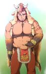  1boy abs animal_hood bara bare_pectorals belly_poke between_pectorals boar_boy body_fur brown_hair chest_harness facial_hair fang feet_out_of_frame goatee gullinbursti_(housamo) harness highres hip_vent hood large_pectorals long_sideburns looking_down male_focus mature_male muscular muscular_male navel nipples pectorals pelvic_curtain plump short_hair sideburns solo stomach thick_eyebrows tokyo_afterschool_summoners uokka_(night_vmlr) weight_conscious 
