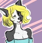  anthro blonde_hair blue_clothing blue_shirt blue_topwear breasts brown_eyes canid canine canis chihuahua cleavage clothed clothing collarbone domestic_dog eyelashes female franki fur grey_body grey_fur hair hi_res mammal pink_background purple_background shirt short_hair simple_background smile smiling_at_viewer solo teeth teeth_showing tongue tongue_out topwear toy_dog 