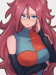  1girl android_21 breasts checkered_clothes checkered_dress dragon_ball dragon_ball_fighterz dress earrings glasses grey_background hair_between_eyes jewelry kemachiku large_breasts long_hair looking_at_viewer red_hair simple_background solo upper_body 