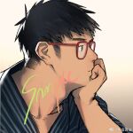  1boy avatar_icon bara black_hair commission elbow_rest face glasses japanese_clothes kimono laserbiubiu looking_to_the_side male_focus mature_male original red-framed_eyewear sample_watermark short_hair sideburns solo upper_body 