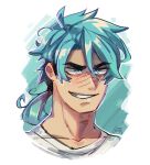  1boy aqua_eyes aqua_hair blue-haired_boy_(how_to_draw_manga) collarbone eyebrows_visible_through_hair gerph hair_between_eyes highres how_to_draw_manga how_to_draw_manga_redraw_challenge male_focus ponytail portrait scar scar_on_face scar_on_nose signature smile solo 