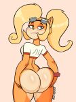  :3 activision anthro bandicoot big_butt blonde_hair bottomless butt clothed clothing coco_bandicoot crash_bandicoot_(series) female hair hand_on_butt hi_res looking_at_viewer looking_back mammal marsupial ponytail rear_view shirt simple_background smug snaggle_tooth solo topwear video_games zr_furious 