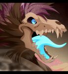  absurd_res anthro blue_eyes blue_tongue bone brown_body brown_fur fur hair hi_res male purple_hair shaded skull skulldog_(species) solo spikes tongue zheyzhey 