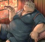  2017 anthro autumn belly big_belly brown_body brown_fur bulge detailed_background fur humanoid_hands inside jinbei_(clothing) kemono male overweight overweight_male plant sitting solo tree zen_(kemono_artist) 