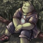  2017 anthro belly big_belly bottomwear canid canine canis clothed clothing domestic_dog hoodie humanoid_hands kemono male mammal open_clothing open_hoodie open_topwear outside overweight overweight_male shirt shorts sitting topwear zen_(kemono_artist) 