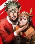  2boys animal_costume bodysuit cioccolata earrings evil_grin evil_smile eyelashes facepaint facial_mark green_eyes green_hair grin highres hospital_0434 jewelry jojo_no_kimyou_na_bouken lipstick makeup male_focus multiple_boys oasis_(stand) purple_eyes purple_lips red_nose reindeer_costume santa_costume secco smile stand_(jojo) vento_aureo 