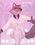  absurd_res canid canine canis clothing dreamworks eyebrows fur grey_body grey_fur gz_draws hi_res low-angle_view male mammal mr._wolf_(the_bad_guys) necktie pink_background simple_background solo suit the_bad_guys thick_eyebrows wolf yellow_eyes 