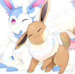  ^_^ alternate_color chita_(ketchup) closed_eyes closed_mouth eevee highres no_humans nuzzle one_eye_closed pokemon pokemon_(creature) purple_eyes shiny_pokemon signature simple_background sylveon white_background 