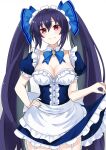  1girl alternate_costume apron bare_shoulders black_hair blue_ribbon breasts dress enmaided hair_between_eyes hair_ornament hair_ribbon highres long_hair looking_at_viewer maid maid_apron maid_headdress neptune_(series) noire_(neptune_series) red_eyes reward_available ribbon smile solo twintails zatsu 