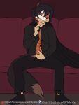  anthro black_hair black_nose canid canine cape chair clothed clothing dipstick_tail fox fuf fur furniture hair hi_res male mammal markings orange_body orange_fur phantom_of_the_opera sitting solo tail_markings 