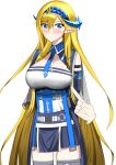  1girl absurdly_long_hair absurdres arknights arms_behind_back bangs bare_shoulders black_skirt blonde_hair blue_eyes blue_hairband blue_necktie blush breasts commentary_request cowboy_shot disembodied_limb elbow_gloves eyebrows_visible_through_hair gloves hair_between_eyes hairband highres horns large_breasts long_hair looking_at_viewer miniskirt necktie pointing pointy_ears saileach_(arknights) shirt simple_background skirt solo_focus standing strapless strapless_shirt thighhighs uiru_(uiruuun) very_long_hair white_background white_shirt zettai_ryouiki 