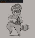  absurd_res anthro big_breasts bottomwear breasts cleavage clothed clothing hat headgear headwear hi_res joaoppereiraus mammal miniskirt monochrome procyonid purse raccoon skirt 