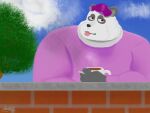  anthro beverage brick_wall chubby_male cigarette cigarette_holder cigarette_smoke clothing cloud coffee giant_panda male mammal pandaandy pink_clothing pink_sweater pink_topwear plant sky solo sweater tongue tongue_out topwear tree ursid wall_(structure) 