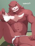  2022 anthro asian_clothing balls black_eyebrows bodily_fluids chirasgi clothing clothing_aside dated east_asian_clothing eyebrows foreskin fundoshi fundoshi_aside fundoshi_only fur genital_fluids genitals hi_res holding_object japanese_clothing kumatetsu looking_at_viewer male mammal navel nipples pecs penis precum solo sweat teeth the_boy_and_the_beast tongue underwear underwear_aside ursid 