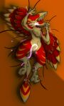 4_ears anthro avali chest_tuft feathered_arms feathers female hi_res inner_ear_fluff looking_at_viewer lying markings multi_ear on_back open_mouth orange_eyes orange_markings red_body red_feathers solo source_request tuft unknown_artist 