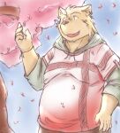  2018 anthro belly big_belly black_nose brown_body brown_fur canid canine canis cherry_blossom cherry_blossom_tree cherry_tree clothing domestic_dog fruit_tree fur hoodie humanoid_hands kemono male mammal outside overweight overweight_male plant topwear tree zen_(kemono_artist) 
