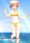  1girl bangs bikini blue_sky blurry blurry_background breasts brown_eyes cleavage cloud commentary_request day horizon large_breasts looking_at_viewer ocean outdoors pink_hair running sakayaya short_hair side-tie_bikini side_bun sky solo swimsuit yahari_ore_no_seishun_lovecome_wa_machigatteiru. yellow_bikini yuigahama_yui 