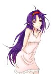  1girl ahoge alternate_costume arms_behind_back breasts cleavage headband highres leaning_forward long_hair looking_back nightgown pajamas pointy_ears purple_hair red_eyes segina04 small_breasts smile solo sword_art_online very_long_hair white_background yuuki_(sao) 