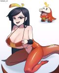  1girl :d \||/ abs absurdres artist_name bare_shoulders blurry blurry_foreground breasts cleavage collarbone english_commentary fangs forehead fuecoco full_body gigantic_breasts highres lizard_tail long_hair looking_at_viewer open_mouth personification pokemon pokemon_(creature) reptile_girl satelyte_art seiza shadow shiny shiny_skin simple_background sitting smile solo_focus tail v-shaped_eyebrows very_long_hair white_background 