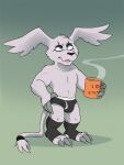  anthro bandai_namco beverage blep briefs bulge claws clothing coffee coffee_mug digimon digimon_(species) fur gazimon grey_body grey_fur male solo tired tongue tongue_out underwear vir-no-vigoratus 