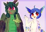  5_fingers anthro avian beak blue_hair dragon duo feathers female fingers fur green_body green_fur green_hair hair half-length_portrait kyisha looking_at_viewer lupeylycan multicolored_body multicolored_feathers open_mouth perico pink_eyes portrait red_eyes simple_background teeth 