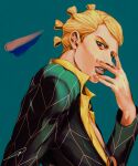  1boy blonde_hair blue_eyes formal hand_to_own_face highres hospital_0434 jojo_no_kimyou_na_bouken magatama magatama_necklace male_focus prosciutto solo suit vento_aureo 