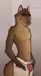  2021 anthro brown_body brown_fur bulge canid canine canis clothed clothing clyde_wolf digital_media_(artwork) dreamworks fur hi_res looking_at_viewer male mammal mr._wolf_(the_bad_guys) musk simple_background smile solo the_bad_guys underwear wet wet_clothing wolf 