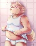  2018 anthro belly big_belly bulge canid canine canis clothing detailed_background domestic_dog humanoid_hands kemono male mammal navel overweight overweight_male shirt solo topwear underwear zen_(kemono_artist) 
