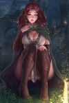  1girl boots breasts brown_footwear brown_hair cleavage cloak elden_ring full_body highres large_breasts lips long_hair looking_at_viewer melina_(elden_ring) night one_eye_closed outdoors parted_lips prywinko site_of_grace solo squatting thigh_boots thighhighs 