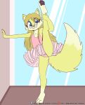  anthro barefoot blonde_hair blue_eyes bottomwear canid canine clothing dancewear eyewear feet female flat_chested flexible fox fuf fur glasses hair hi_res long_hair mammal one_leg_up pawpads polymorph raised_leg skirt solo splits spread_legs spreading standing tutu vertical_splits yellow_body yellow_fur young 