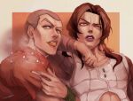  2boys absurdres black_hair cigarette crew_cut formaggio hex_tails highres holding holding_cigarette hospital_0434 illuso jojo_no_kimyou_na_bouken lips lipstick makeup male_focus multiple_boys muted_color padded_vest vento_aureo 