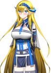  1girl absurdly_long_hair absurdres arknights arms_behind_back bangs bare_shoulders black_skirt blonde_hair blue_eyes blue_hairband blue_necktie blush breasts commentary cowboy_shot elbow_gloves eyebrows_visible_through_hair gloves hair_between_eyes hairband highres horns large_breasts long_hair looking_at_viewer miniskirt necktie pointy_ears saileach_(arknights) shirt simple_background skirt solo standing strapless strapless_shirt thighhighs uiru_(uiruuun) very_long_hair white_background white_shirt zettai_ryouiki 