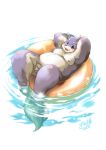  2011 anthro balls belly big_belly blush canid canine flaccid genitals inuiookawa kemono lying male mammal moobs nipples overweight overweight_male penis solo water young 