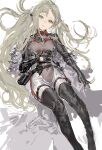  1girl a-545_(girls&#039;_frontline) absurdres bangs black_gloves black_legwear blue_eyes bodysuit breasts breasts_apart elbow_gloves feet_out_of_frame girls&#039;_frontline gloves grey_hair hand_on_own_stomach highres long_hair looking_at_viewer medium_breasts messikid solo thighhighs twintails very_long_hair white_background 