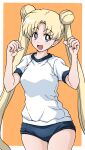  1girl bangs bishoujo_senshi_sailor_moon blonde_hair blue_buruma blue_eyes border bright_pupils buruma commentary cowboy_shot double_bun gym_shirt gym_uniform highres long_hair looking_at_viewer open_mouth orange_background outside_border parted_bangs pointing pointing_at_self ponzu_rui shirt short_sleeves simple_background smile solo standing tsukino_usagi twintails very_long_hair white_border white_pupils white_shirt 