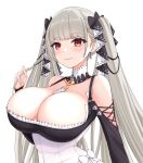  1girl azur_lane bangs bare_shoulders breasts closed_mouth eyebrows_visible_through_hair formidable_(azur_lane) grey_hair hair_ornament hair_ribbon highres large_breasts long_hair long_sleeves looking_at_viewer red_eyes ribbon simple_background smile solo twintails upper_body vik_(xypt7474) white_background 