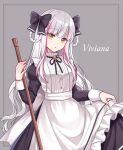  1girl :o apron bangs black_bow black_dress bow braid brown_eyes dress eyebrows_visible_through_hair frilled_apron frills grey_background grey_hair hair_bow hair_rings hitsuki_rei juliet_sleeves long_hair long_sleeves looking_at_viewer multicolored_hair original parted_lips pink_hair puffy_sleeves solo streaked_hair twin_braids very_long_hair white_apron 