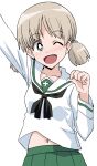  1girl ;d aki_(girls_und_panzer) alternate_costume arm_up bangs black_neckerchief blouse bright_pupils eyebrows_visible_through_hair girls_und_panzer green_eyes hair_tie highres light_blush light_brown_hair long_sleeves looking_at_viewer low_twintails midriff_peek navel neckerchief one_eye_closed ooarai_school_uniform open_mouth ponzu_rui sailor_collar school_uniform serafuku short_hair short_twintails simple_background smile solo twintails upper_body white_background white_blouse white_pupils white_sailor_collar 