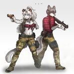  1boy 1girl absurdres animal_ears artist_name backpack bag belt belt_buckle blue_eyes boots breasts buckle commission earrings full_body furry furry_female furry_male grey_background grey_hair gun handgun highres holding holding_gun holding_weapon jewelry leopard_ears leopard_girl leopard_tail looking_at_viewer medium_breasts muscular muscular_female navel necklace original pants parted_lips pgm300 pistol ponytail shotgun simple_background standing tail teeth thigh_pouch watermark weapon yellow_eyes 